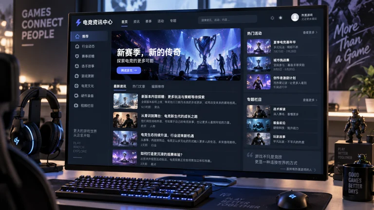 深色科技风格的电子娱乐资讯界面与赛事观赛氛围